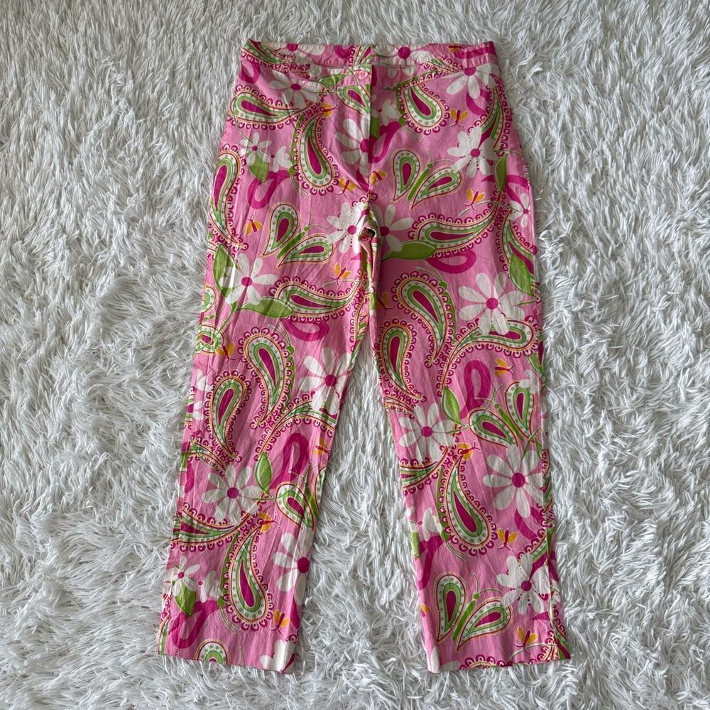 Vintage 90s Lilly Pulitzer Pink and Green Paisley Cropped Pants Size 6